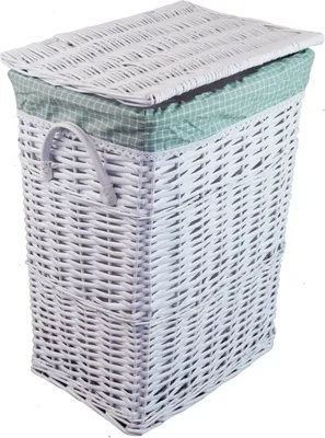 A white wicker laundry basket with a green checkered fabric lining and lid.