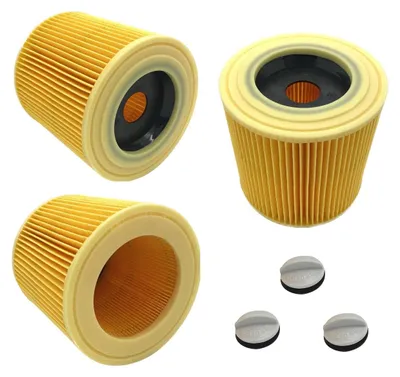 A collage of three cartridge filters and three small grey caps on a white background.