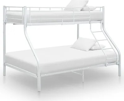 A white metal bunk bed with mattresses and pillows on a white background.