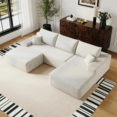 Immagine prodotto di Divano angolare modulare a forma di L - 4 posti - Rivestito in tessuto corduroy - Chaise longue a destra - Bianco - Non richiede montaggio