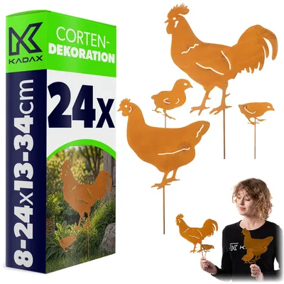 Produktbild von KADAX Gartenstecker Hühnerfamilie aus Cortenstahl, 24-teiliges Set mit Hähne, Hahn und Küken, Metall Gartendeko in Rostoptik, Edelrost Stecker für Garten