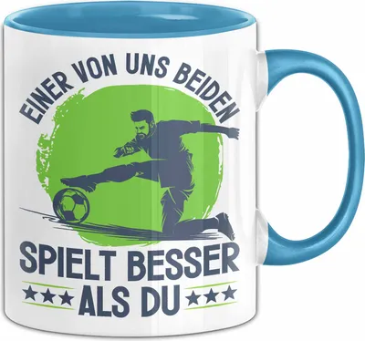 Produktbild von Fußball Tasse Geschenk Spruch Für Handball-Spieler Einer Von Uns Beiden Spielt Besser Als Du Becher (Blau)