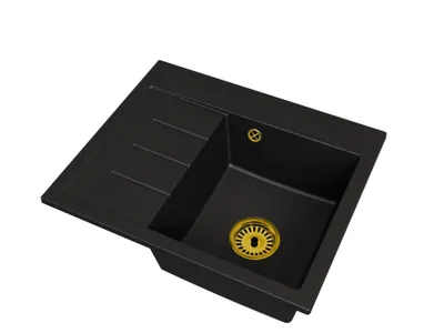 Zdjęcie produktu dla Zlewozmywak granitowy jednokomorowy EXCLUSIVE 60 Lewy – czarny z syfonem w kolorze złotym