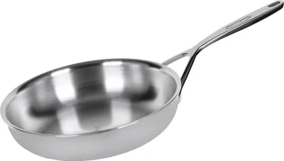 A stainless steel frying pan on a white background.