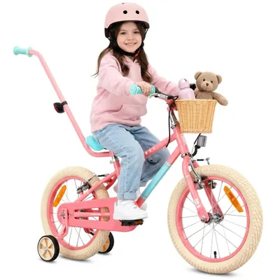 Obrázok produktu pre Detský bicykel pre dievčatá, 16 palcov, 7,9 kg, s rukoväťou na tlačenie, pomocnými kolieskami, košíkom, zvončekom a V-brzdami, ružový, LOVEL