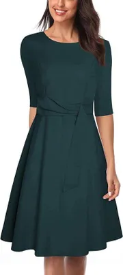 Produktbild von Famanu Sommer Damen Kleid - Runder Hals, Halbe Ärmel, Taillengürtel - Fließend, Schwungvoll, Wellenförmiger Volant, Casual, Elegante A-Linie - Grün -