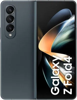 A folded Samsung Galaxy Z Fold4 smartphone is shown from the front and back.