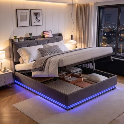 Produktbild von INONEFT Boxspringbett Polsterbett 140x200 mit LED und USB/C, Hydraulisches Stauraumbett mit Kopfteil und Lattenrost,Doppelbett Jugendbett,Samt,Grau