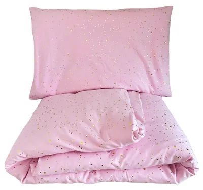 Imagen del producto de Juego de sábanas de algodón rosa con estampado dorado, compuesto por una sábana de 100x135 cm y una funda de almohada de 40x60 cm