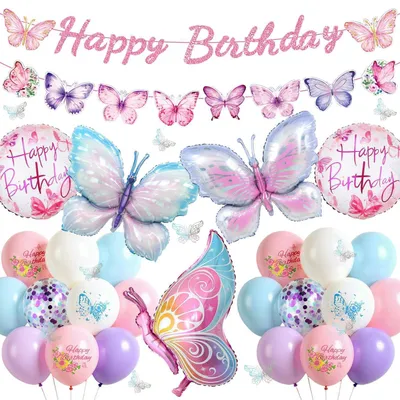 Productafbeelding van Verjaardagsdecoratieset vlinder, 45-delig, inclusief ballonnen, slingers en folieballonnen, roze, voor meisjes en kinderen