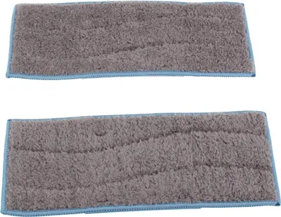 Two gray mop pads with blue trim are shown against a white background.