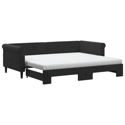 Productafbeelding van Slaapbank onderschuifbed en matrassen 90x200 cm fluweel zwart