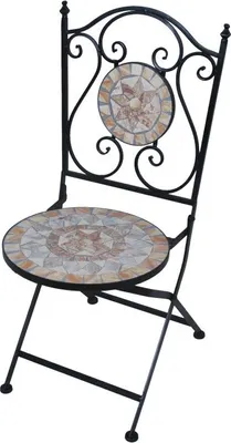 A folding chair with a mosaic seat and backrest.
