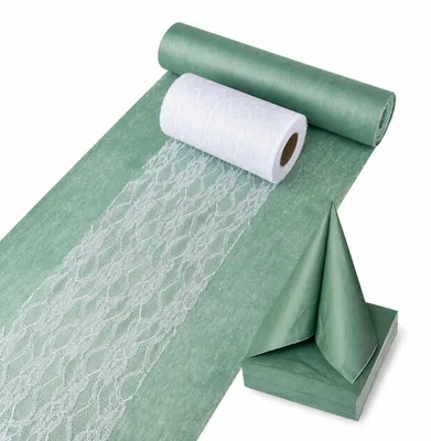 Produktbild von Tischläufer Set Eukalyptus Grün Vlies 30cm x 25m mit Spitzenband & Servietten