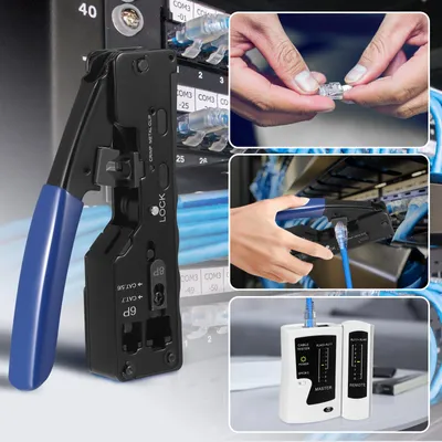 Produktbild von Crimpzange - RJ45/RJ12/RJ11 - Für Cat7/Cat6A/Cat6/Cat5 - Durchgangsstecker - Kabelabisolierung - 50 RJ45-Stecker - Schwarz