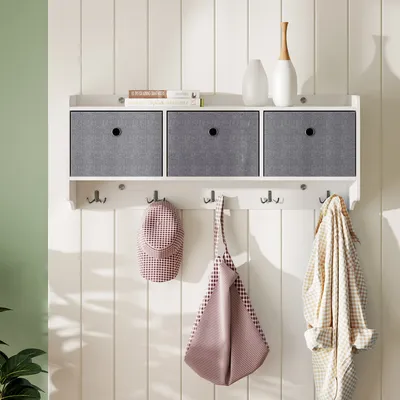 Produktbild von Mondeer Wandgarderobe mit 3 Körben und 5 Haken Flurgarderobe Kleiderhaken Hängeregal 97,8 x 22 x 40,2 cm Weiß