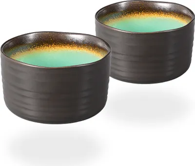 Obrázok produktu pre Matcha miska / Matcha čajové misy, 2x Matcha miska 500 ml antracitová/tyrkysová, vzor Craquelé