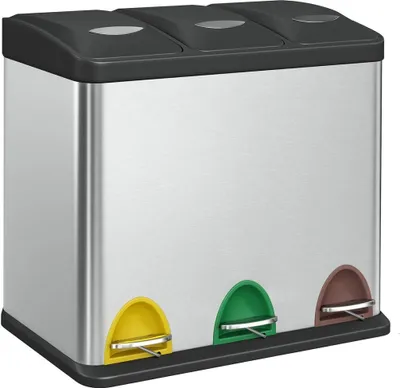 A three-compartment trash can with pedals for each compartment.