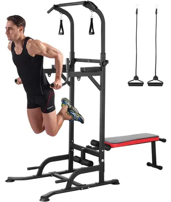 Productafbeelding van Dip station power tower - Krachtstation - Hoogte verstelbaar 181 - 234 cm - Met halterbank - Zwart