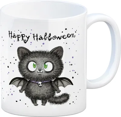 Produktbild von Happy Halloween Kaffeebecher mit schwarzer Fledermaus-Katze