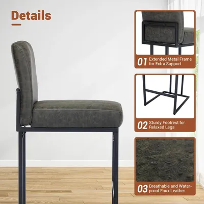 Image de Tabouret de bar - Lot de 1 - Hauteur de comptoir - Simili cuir, rembourré - Avec dossier - Structure en métal - Design moderne - Pour îlot de cuisine et salle à manger - Gris foncé