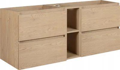 A wooden bathroom vanity cabinet with drawers and open shelves.