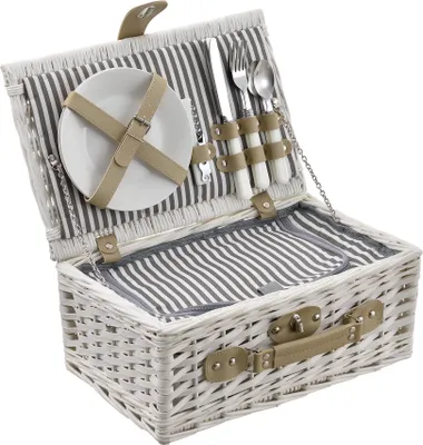 Produktbild von [casa.pro]® Picknickkorb für 2 Personen mit Kühltasche, Besteck, Geschirr, Gläsern - weiß