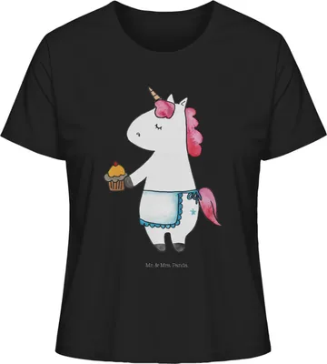 Produktbild von Mr. & Mrs. Panda Damen Basic T-Shirt Einhorn Muffin Größe XL - Schwarz - Geschenk, Geburtstagsgrüße, Geburtstag, Unicorn, Backen, Jersey Shirt, Oberteil, Kurzarmshirt
