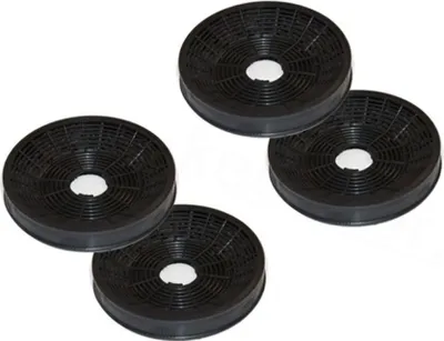 Four black circular carbon filters arranged in a scattered pattern on a white background.