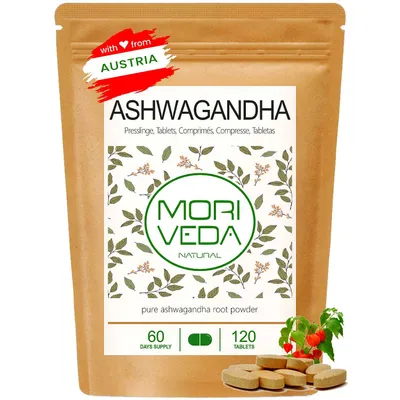 Produktbild von Moriveda Ashwagandha Tabletten – 120 Stück – 1900 mg Wurzelpulver pro Tagesdosis – 40 mg Withanolide – vegan – aus Indien