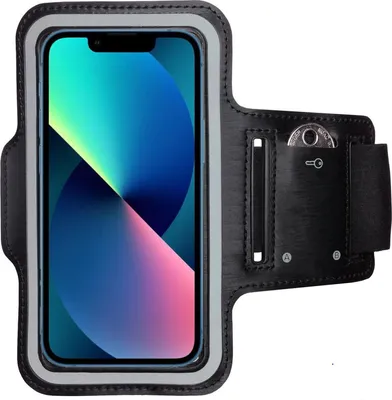 A black sports armband with a phone inside, displayed against a white background.