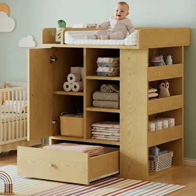 Immagine prodotto di Comò per il cambio del bambino in legno - Comò con cassetti - Ampio spazio di stoccaggio - Accessorio per il cambio con scomparti - Porta asciugamani - Legno naturale