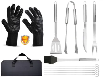 Productafbeelding van 9-BBQ Gereedschapset met Barbecue Handschoenen(800°C), Roestvrij Grillset