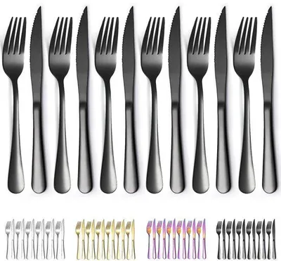 Produktbild von Unyqoos® 12-teiliges schwarzes Steakbesteck – 6 Tafelmesser & 6 Gabeln aus rostfreiem Stahl mit schwarzer Titanbeschichtung, poliert, spülmaschinenfest, ideal für Feiern & Gastronomie