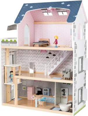 Produktbild von Playtive Holz Puppenhaus 28-teilig 64 x 80 x 31 cm Fördert Rollenspielvermögen