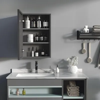 Produktbild von Spiegelschrank Bad Stahl Schwarz, Badschrank Soft-Close 3 Regalfächer, rostfrei Wandmontage, Spiegeltür | 40x15x60 cm | 5,3 kg
