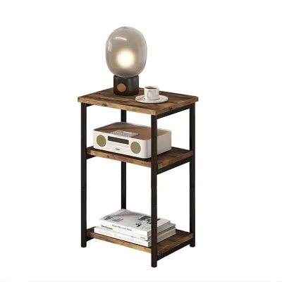 Productafbeelding van Drielags bijzettafel – nachtkastje met opbergvakken – voor woon- en slaapkamer – metalen frame en hout – bruin – 40x30x60 cm