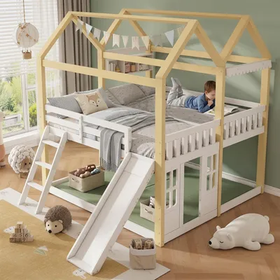 Image de Lit superposé Kinder, 90x200 cm, avec toboggan et échelle, lit-cabane avec espace de jeu, montage possible à gauche ou à droite, barrières de sécurité, pour matelas jusqu'à 11 cm, blanc/naturel