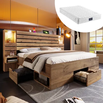 Produktbild von MODFU Doppelbett Bettgestell 160x200 cm mit LED-Downlights und Schubladen,Holzbett mit Stauraum,Holzbett mit USB Type-C,mit Matratze,Eiche