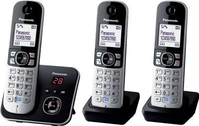 Produktbild von Panasonic KX-TG6823 Strahlungsarmes Schnurlostelefon mit Anrufbeantworter, Rufnummernanzeige, 2 zus?tzliche Mobilteile, 15h Sprechzeit, 7 Tage Standby, Freisprechfunktion, DECT