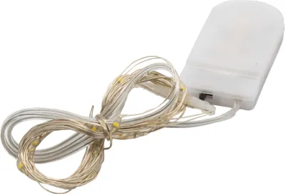 A battery-powered LED string light with a white battery pack and thin wires with small LEDs.