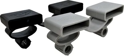 Four black and gray plastic caps for bed frames are displayed against a white background.