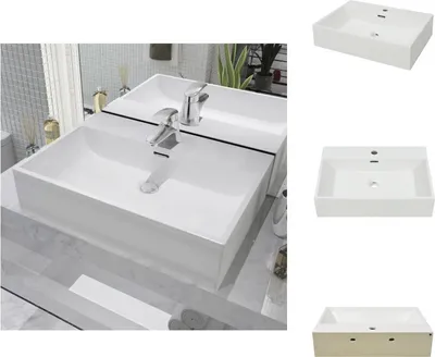 A collage of bathroom sinks, with one sink and faucet shown in a bathroom setting and other sinks shown in isolation.