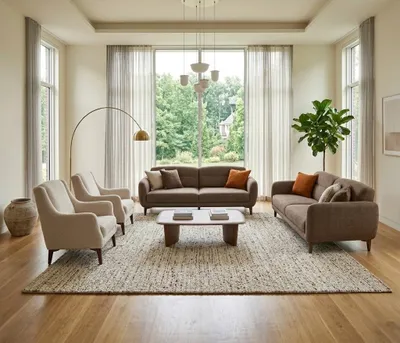 Immagine prodotto di Set di mobili per soggiorno, stile moderno, struttura in legno marrone, cuscini morbidi