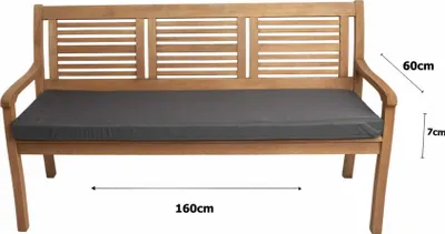 A wooden garden bench with a dark gray cushion, shown from the front with dimensions indicated by lines and text.