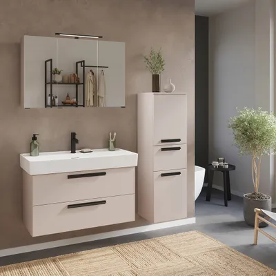 Produktbild von Badmöbel Set 3-teilig Waschtisch mit Waschbecken, Spiegelschrank und Midischrank, in kaschmir - ATELLA-03
