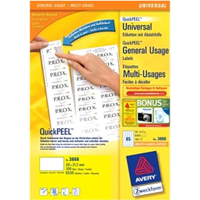 Produktbild von Avery 3666, Weiß, Rechteck, Permanent, 38 x 21.2 mm, A4, Papier