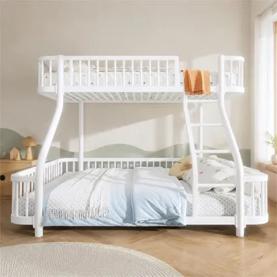 Zdjęcie produktu dla Łóżko piętrowe 90x200 cm i 140x200 cm, metalowa rama z barierkami ochronnymi i drabinką, nośność do 240 kg, zalecany materac 10 cm, bez materaca, białe