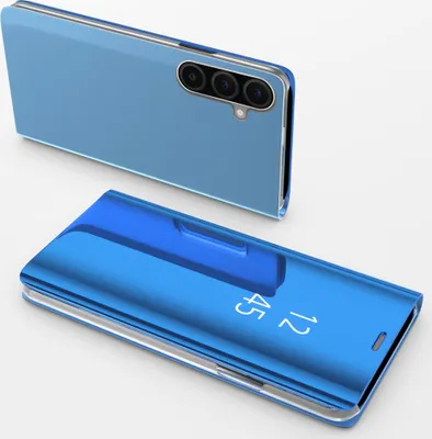 A blue smartphone with a clear view flip case is shown from two angles against a white background.