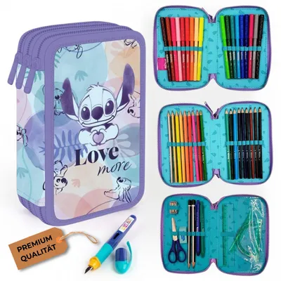 Produktbild von Federmäppchen 3 Fächer - Mäppchen für Mädchen und Jungen - Federmappe 3-Fach Federtasche Gefüllte Schüleretui Schulmäppchen und Füller - Stitch